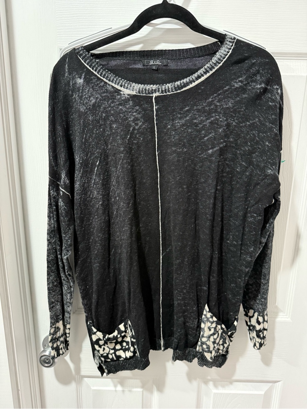 G & C United Knitwear Black Crewneck Pullover with Contrast Cream Patch Pockets